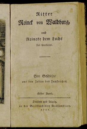 Bd. 1: Ritter Reinek von Waldburg. Erster Band
