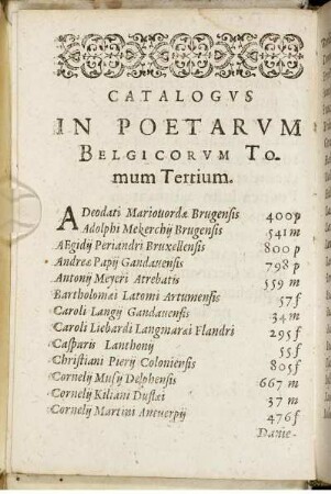Catalogus In Poetarum Belgicorum Tomum Tertium.