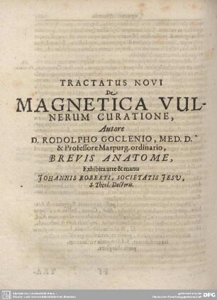 TRACTATUS NOVI De MAGNETICA VULNERUM CURATIONE,...