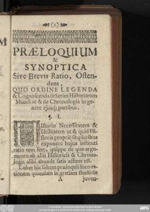 Praeloquium & Synoptica Sive Brevis Ratio, Ostendens, Quo Ordine Legenda & Cognoscenda sit Series Historiarum Mundi ut & de Chronologia in genere eiusq[ue] partibus.