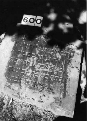 Grabstein 600 (Index: 99630102) Material: Sandstein Zustand: umgefallen, stark verwittert Maße HxBxT: 84x63x10 cm Beschreibung: Stele mit eingezogenem Rundbogenabschluß: Grabstein 600 (Detailaufnahme)