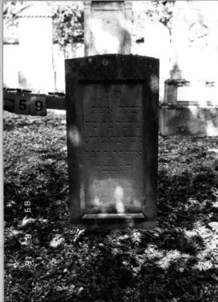 Grabstein 59 (Index: 100086509) Material: Sandstein Zustand: verwittert Maße HxBxT: 89x45x14 cm Beschreibung: Stele, flacher giebelartiger Abschluß, eingetieftes Schriftfeld rechteckig: Grabstein 59