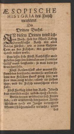 Aesopische Historia des Frosch meuselers. Des Dritten Buchs.
