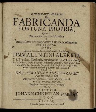 Dissertatio Moralis De Fabricanda Fortuna Propria