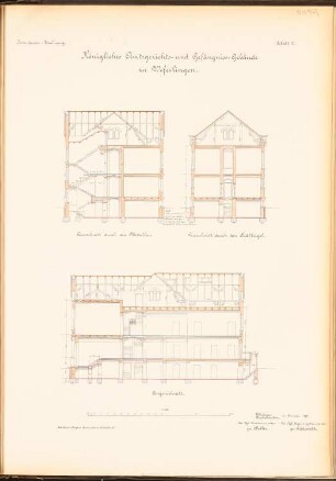 Amtsgericht und Gefängnis, Weferlingen: Querschnitt durch den Mittelbau und Südflügel, Längenschnitt 1:100