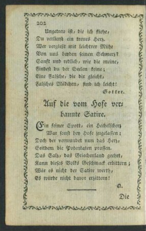 Auf die vom Hofe verbannte Satire.