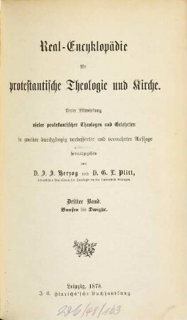 Real-Encyklopädie für protestantische Theologie und Kirche : unter Mitwirkung viele protestantischer Theologen und Gelehrten, 3. Bunsen bis Dwight