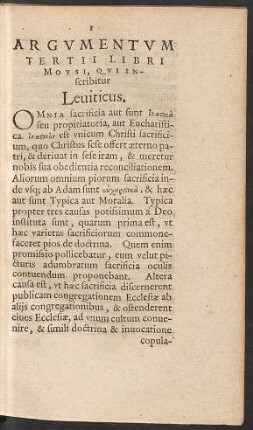 Argumentum Tertii Libri Moysi, Qui Inscribitur Leviticus.