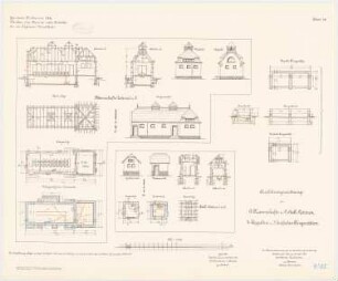 Kavalleriekaserne, Mülhausen: Mannschaftslatrine I und II: : Grundriss Fundamente, Erdgeschoss, Sparrenlage, Aufriss Längsansicht, Ostgiebel und Westgiebel, Längsschnitt, Querschnitt 1:100. Stalllatrine: I und II: Grundriss Fundamente, Erdgeschoss, Sparrenlage, Aufriss Vorderansicht, Giebelansicht, Längsschnitt, Querschnitt 1:100. Düngerstätte: Grundriss, Längsschnitt, Querschnitt 1:100