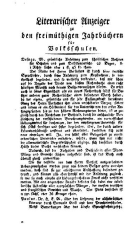 Literarischer Anzeiger zu den freimüthigen Jahrbüchern für Volksschulen
