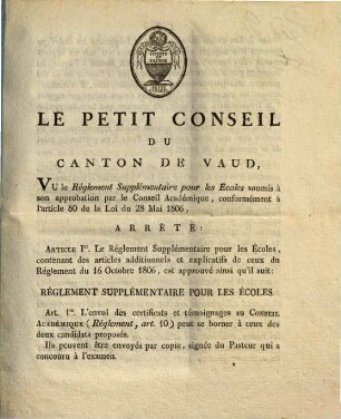 Arrête et réglement Supplémentaire pour les Écoles : Lausanne, le 6 Octobre 1808