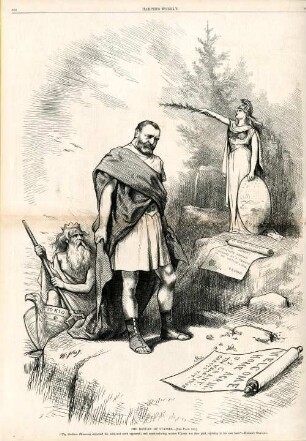 The return of Ulysses. "The Goddess (Minerva)dispersed the mist, and earth appeared; and much- enduring, modest Ulysses was then glad, rejoicing in his own land." - Homer's Odyssey : der ehemalige Präsident Grant kehrt mit einem Boot, das von Poseidon gesteuert wird, aus dem Fernen Osten in die USA zurück und wird dort von Minerva begrüßt (zu S.810)
