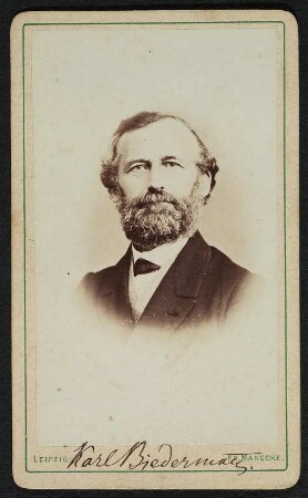 Porträt Karl Biedermann : Porträt Karl Biedermann (1812-1901; Publizist, Philosoph, Politiker, Abgeordneter des Sächsischen Landtages), aufgenommen von Friedrich Manecke in Leipzig, Lehmanns Garten 2. Albuminpapier auf Karton; 10,1 x 6,3 cm