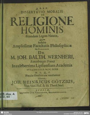 Dissertatio moralis de religione hominis secundum legem naturae