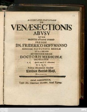 Dissertatio Inavgvralis De Venaesectionis Abvsv