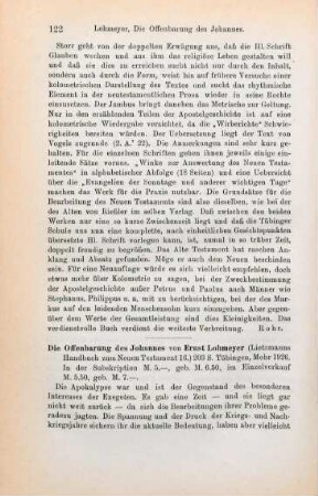 122-123 [Rezension] Lohmeyer, Ernst, Die Offenbarung des Johannes