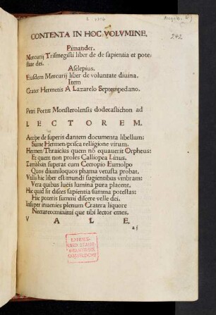 CONTENTA IN HOC VOLVMINE. || Pimander || Mercurij Trismegisti liber de de [!] sapientia et pote-||state dei. ||