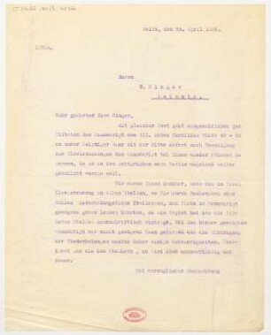 Brief an Otto Singer : 30.04.1926