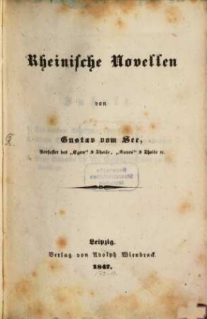 Rheinische Novellen von Gustav vom See [d.i. Gustav v. Struensee]
