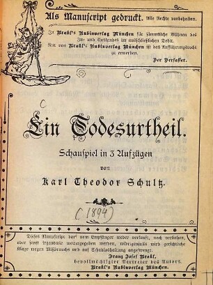Ein Todesurtheil : Schauspiel in 3 Aufzügen