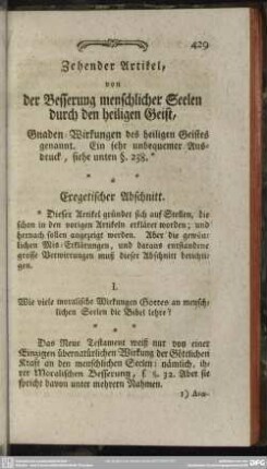 Zehender Artikel, von der Besserung menschlicher Seelen durch den heiligen Geist, Gnaden-Wirkungen des heiligen Geistes genannt. Ein sehr unbequemer Ausdruck, siehe unten §. 238