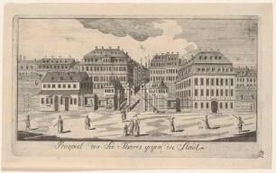 Das Seetor in Dresden von Süden nach seiner Wiederöffnung im Jahr 1748, Blick in die Seestraße, links das spätere Innenministerium, Teil einer Reihe Dresdner und sächsischer Ansichten von Schlitterlau um 1770