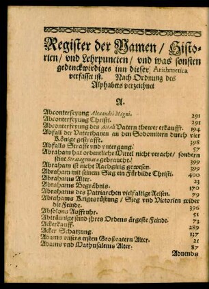 Register der Namen/ Historien/ und Lehrpuncten ...
