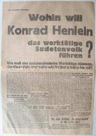 Sonderdruck der sudetendeutschen Kommunisten zur Wahl der Nationalversammlung der Tschechoslowakei 1935 zur Auseinandersetzung mit der Sudetendeutschen Partei