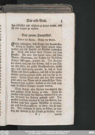 Das zweyte Hauptstück. Aeltern des Cyrus. Gesetze der Perser.