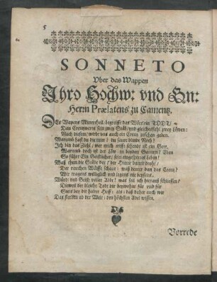 Sonneto Uber das Wappen Ihro ... Herrn Praelatens zu Camentz.