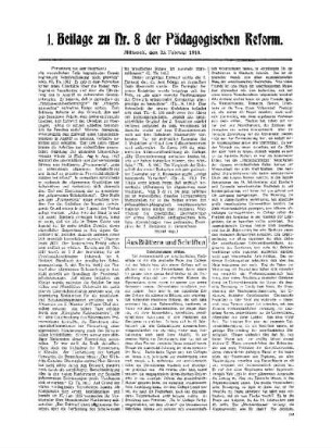 Der [Unterrichtsgesetzentwurf von 1819 im Lichte der geschichtlichen Forschung] : (Fortsetzung aus dem Hauptblatt) ; (Schluß folgt) ; 1. Beilage zu Nr. 8 der Pädagogischen Reform