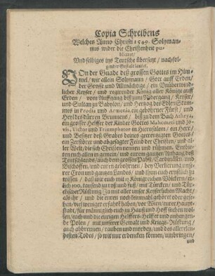 Copia Schreibens Welches Anno Christi 1549. Solymannus wider die Christenheit publiciret ...