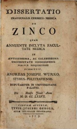 Dissertatio inauguralis chemico-medica de zinco