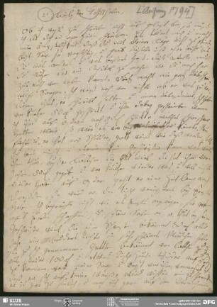 Eigenh. Brief von Johanna Christiane Erdmuthe Schlegel an August Wilhelm von Schlegel, Hannover, Anfang 1794