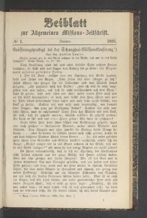 Beiblatt N° 1. Januar. 1891