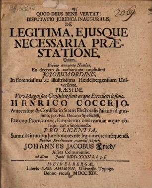 Disputatio juridica inauguralis, De legitima ejusque necessaria praestatione