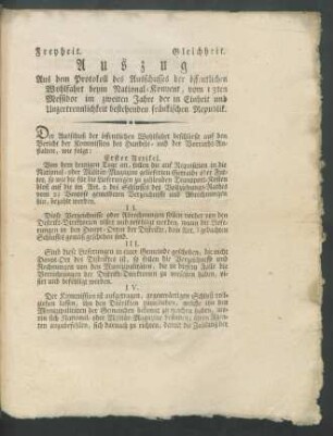 Auszug Aus dem Protokoll des Ausschusses der öffentlichen Wohlfahrt beym National-Konvent, vom 13ten Messidor im zweiten Jahre ...