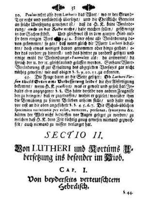 Sectio II. Von Lutheri und Kortüms Ubersetzung ins besonder im Hiob.