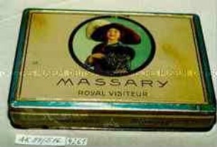 Blechschachtel für 50 Stück Zigaretten "MASSARY ROYAL VISITEUR" (Abbildung der Schauspielerin Fritzi Massary"