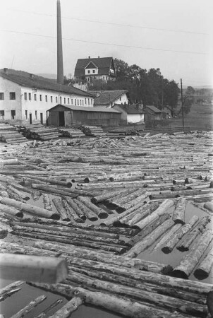 Holzflößung und Sägewerk : Holzflößung auf dem Fluß Weißer Regen mit einem Sägewerk im Hintergrund