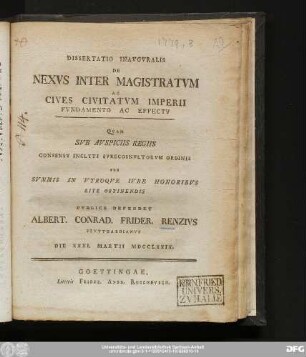 Dissertatio Inavgvralis De Nexvs Inter Magistratvm Ac Cives Civitatvm Imperii Fvndamento Ac Effectv
