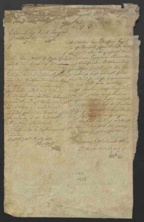 Schreiben des Amtskellerers zu Bensheim vom 17. Dezember 1801 an den kurfürstlich-mainzischen Hofkriegsrat wegen Rückstände der kurfürstlichen Rezeptur Bensheim. Mit Weiterbearbeitungsvermerk vom 29. Dezember 1801