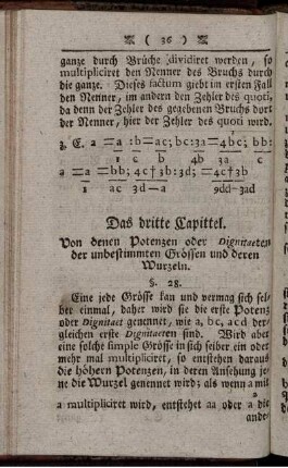 Das dritte Capittel. Von denen Potenzen oder Dignitaeten der unbestimmten Grössen und deren Wurzeln.