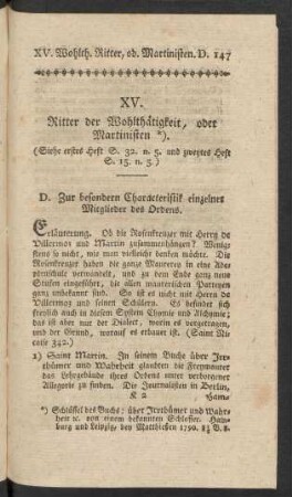 D. Zur besondern Characteristik einzelner Mitglieder des Ordens.