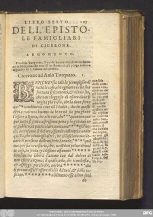 Libro Sesto Dell' Epistole Famigliari Di Cicerone. [A Torquato, Et Altri.]