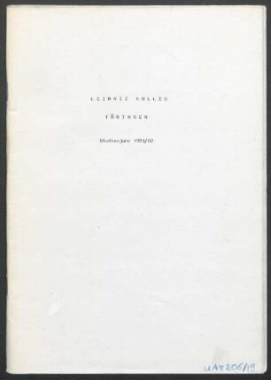 Umschlag: "Leibniz Kolleg. Tübingen. Studienjahr 1981/82"