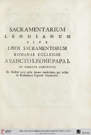 Sacramentarium Leonianum sive Liber Sacramentorum Romanae Ecclesiae [...]