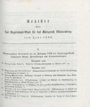 I. Chronologisches Verzeichniß der im Jahrgang 1839 des Regierungs-Blatts enthaltenen Gesetze, Verordnungen und Bekanntmachungen