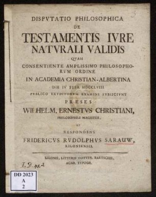 Dispvtatio Philosophica De Testamentis Ivre Natvrali Validis