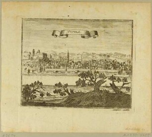 Stadtansicht von Pirna mit dem Sonnenstein und der Marienkirche von Norden über die Elbe gesehen